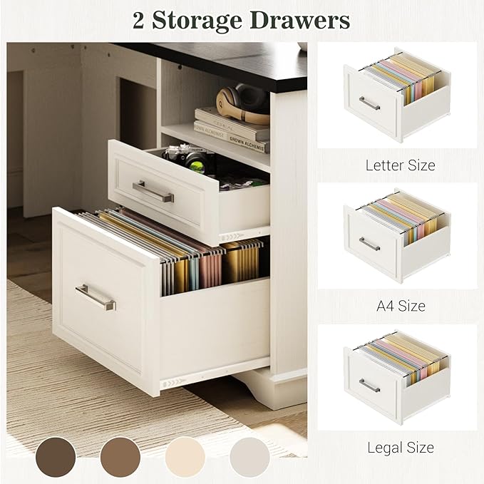 Unikito Farmhouse L Shaped Executive Desk with File Drawers, 60" Corner Computer Desk with Power Outlets, Large 2 Person Home Office Table with Storage Cabinet, Sturdy Writing Desks, White and Black