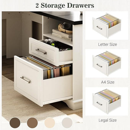 Unikito Farmhouse L Shaped Executive Desk with File Drawers, 60" Corner Computer Desk with Power Outlets, Large 2 Person Home Office Table with Storage Cabinet, Sturdy Writing Desks, White and Black