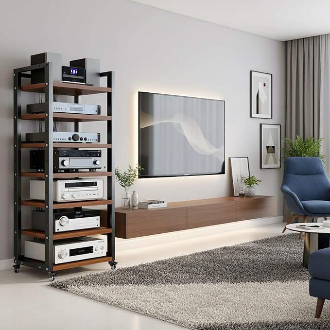 7 Tier AV Media Stand, 55in Audio Rack Tower Stereo Component Cabinet, Home CD Record Player Receiver Audio Equipment Rack with Adjustable Wood Shelves, Load 400lbs (Walnut Brown)