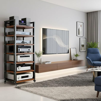 7 Tier AV Media Stand, 55in Audio Rack Tower Stereo Component Cabinet, Home CD Record Player Receiver Audio Equipment Rack with Adjustable Wood Shelves, Load 400lbs (Walnut Brown)