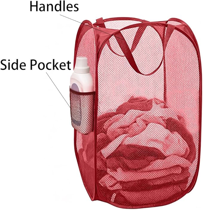 Larpur Popup Mesh Laundry Basket, Collapsible and Portable Clothes Washing Laundry Hamper with Reinforced Carry Handle (Red)