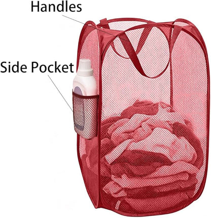 Larpur Popup Mesh Laundry Basket, Collapsible and Portable Clothes Washing Laundry Hamper with Reinforced Carry Handle (Red)