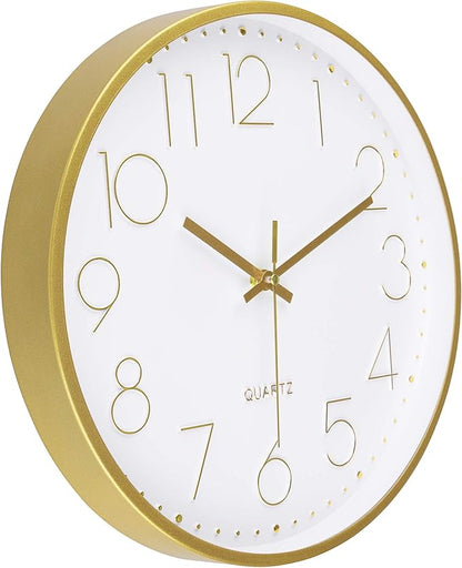 Foxtop Gold Wall Clock 12 Inch Silent Non-Ticking Battery Operated Round Quartz Modern Wall Clock for Office Living Room Kitchen Bedroom Home Decor