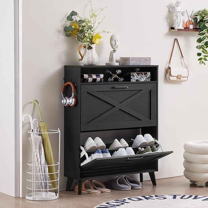 Shoe Storage Cabinet With 2 Flip Drawers, Farmhouse Organizer for Entryway, Narrow Hidden Rack With Wooden Legs & Open Storage, Free Standing Closet for Foyer, Hallway, Black