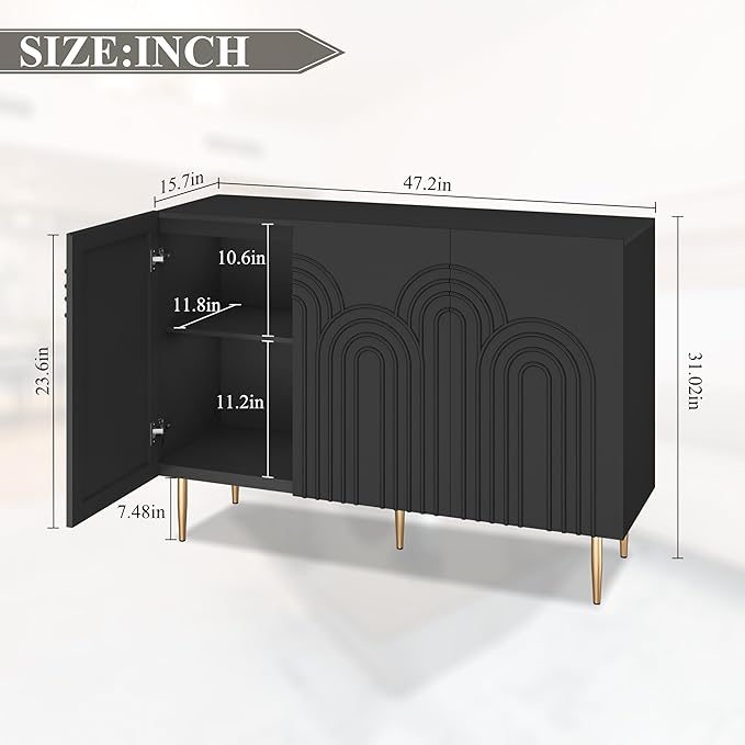 ARTPOWER 47" Accent Cabinet with Cloud Relief, Sideboard Buffet Cabinet with 3 Doors, Modern Decorative Credenza with Storage for Living Room, Kitchen, Dining Room, Hallway, Entryway, Black