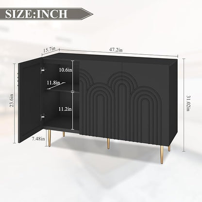 ARTPOWER 47" Accent Cabinet with Cloud Relief, Sideboard Buffet Cabinet with 3 Doors, Modern Decorative Credenza with Storage for Living Room, Kitchen, Dining Room, Hallway, Entryway, Black