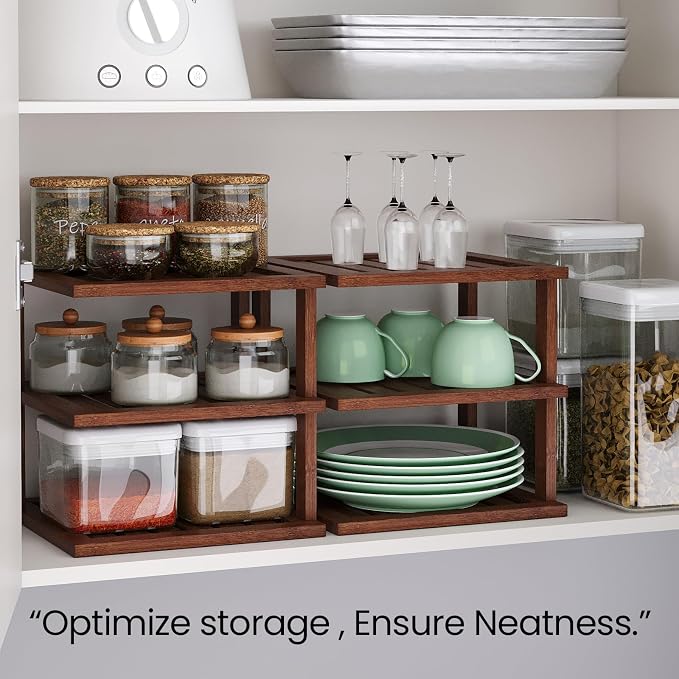 2 Pack Bamboo Corner Shelf,3 Tier Kitchen Cabinet Organizer for Plates and Dishes,Pantry Storage and Spice Rack（Brown）