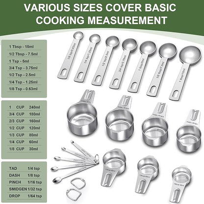 EWFEN Measuring Cups and Spoons Set, 7 Stainless Steel Nesting Measuring Cups & 7 Spoons, 5 Mini Measuring Spoons & 2 Detachable Rings, Kitchen Gadgets for Cooking & Baking, Round