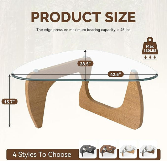 Modern Glass Coffee Table, Triangle Center Table with Tempered Glass Top& Unique Wooden Base, 42.5” Mid Century Tea Tables for Living Room, Apartment, Office,Wood &Transparent