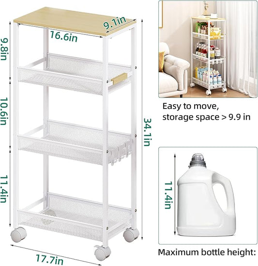 Utility Slim Storage Cart, 4 Tier Rolling Cart with Wheels, Laundry Shelves with Wood Top, Narrow Cabinet for Bathroom Organization, Small Organizer for Kitchen, Office and Dorm (White, 9.1'')