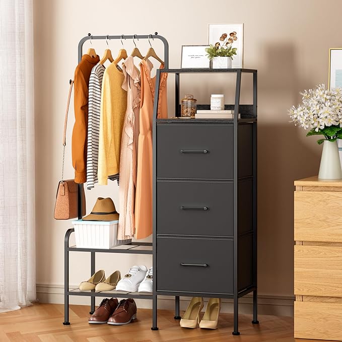 SWTYMIKI Dresser with Hanging Rack - 3 Fabric Drawers Kids Dresser for Bedroom - Reversible Tall Storage Tower, Small Space Clothes Storage Organizer Cabinet for Apartment, Dorm 49.21''H, Black