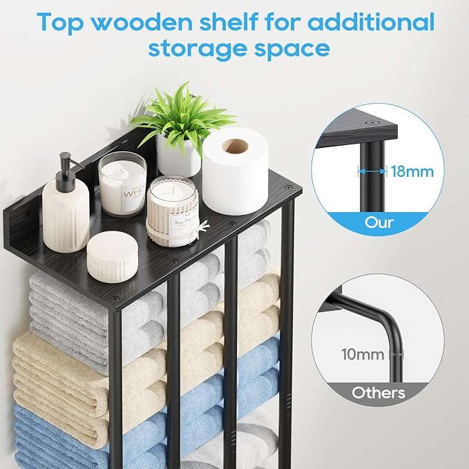 Towel Racks for Bathroom Wall Mounted, Updated 4 Bar Wall Towel Holder | Large Bathroom Towel Storage Rack for Rolled Towels, Modern Metal Towel Organizer Shelf with Wooden Storage Shelf