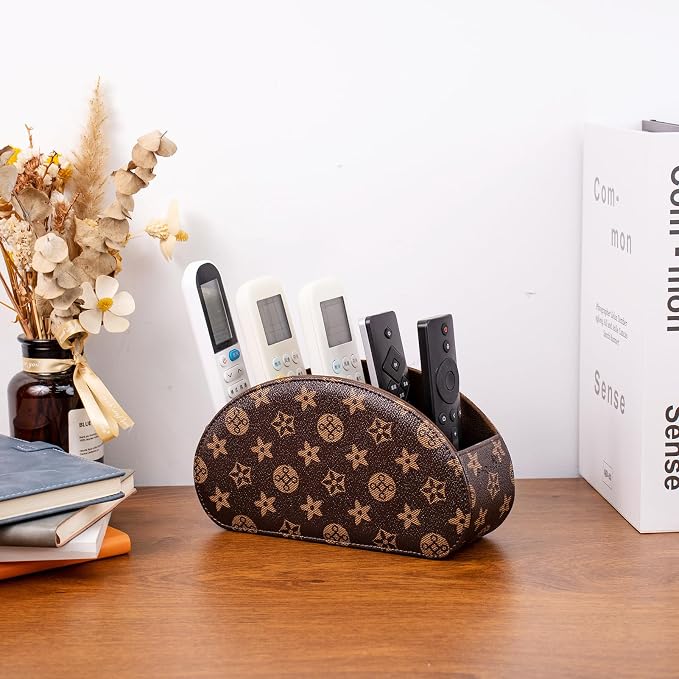 Remote Control Holders Organizer Box with 5 Compartment PU Leather Multi-functional Office Desk Storage Caddy Store Tv Remote for Media Player,Brush,Pencil,Glassees&Office Supplies (Brown+KhakiF)