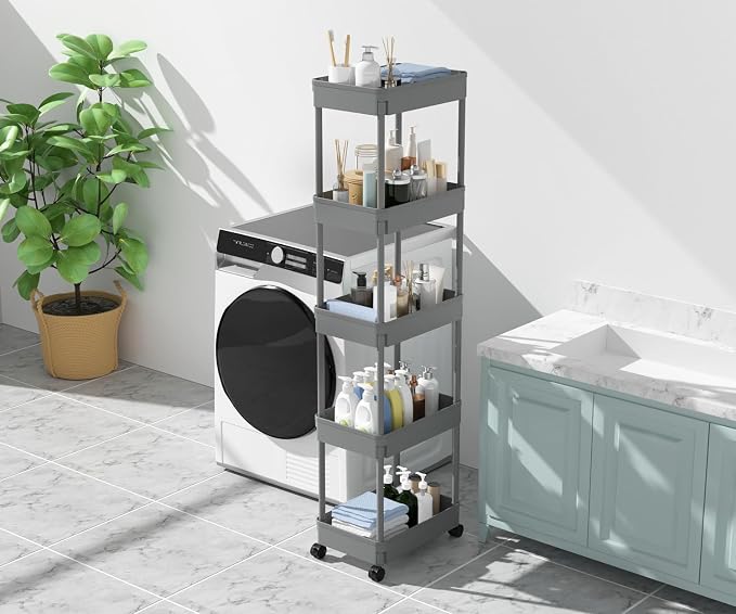 Sooyee 5-Tier Plastic Rolling Utility Cart with Wheels, Multi-Functional Storage Trolley for Office, Living Room, Kitchen, Movable Storage Organizer with Wheels,Grey