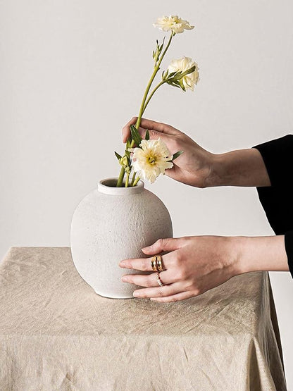 Small White Ceramic Vase - 6.3 Inch Rustic Farmhouse Flower Vase for Home Decor, Minimalist Vases for Living Room, Table, Bathroom, Holiday & Weddings (Sandstone White)