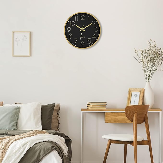Foxtop Black Gold Wall Clock 12 Inch Silent Non-Ticking Battery Operated Round Quartz Modern Wall Clock for Living Room Kitchen Bedroom Home Office School Decor