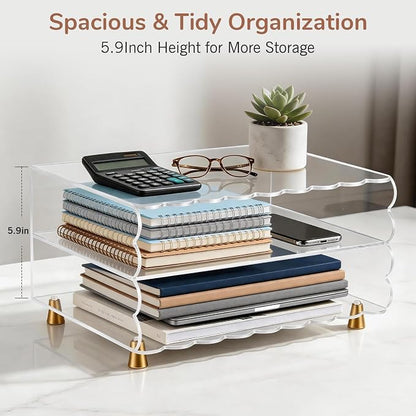 2+1 Tier Paper Letter Tray,Acrylic Desk Organizer with Scalloped Edge& Gold Metal Feet,Top Display Design,Space Saving Clear Organizer for Women, A4 File, Letter, Books,Notes,Home & Office