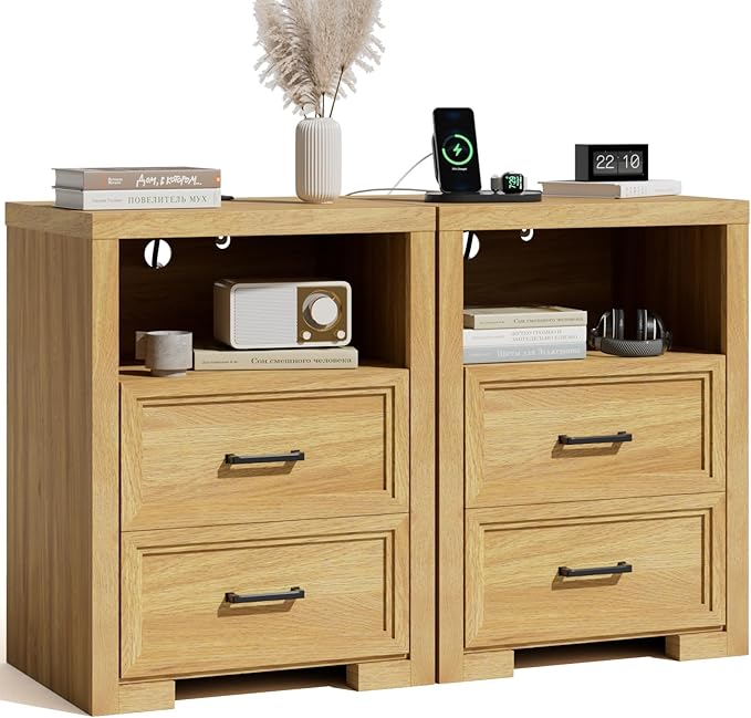 Nightstand Set of 2, Night Stand with Charging Station, End Table with 2 Drawers, Wood Rustic Side Table with Open Storage Shelf, for Bedroom, Living Room, Natural Oak