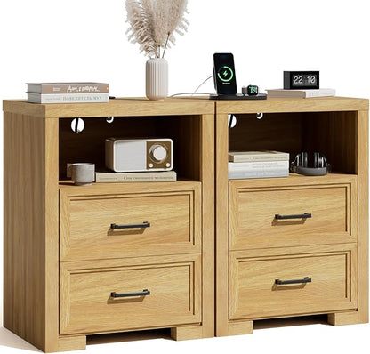 Nightstand Set of 2, Night Stand with Charging Station, End Table with 2 Drawers, Wood Rustic Side Table with Open Storage Shelf, for Bedroom, Living Room, Natural Oak