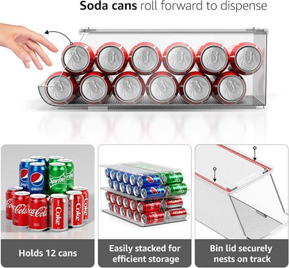 Sorbus Soda Can Organizer for Refrigerator – Stackable Can Dispenser with Lid for Fridge, Pantry, or Freezer – Holds 12 Cans Each, BPA-Free Clear Drink Organizer (4-Pack)