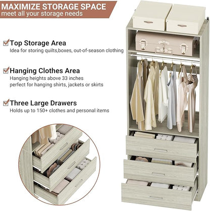 Freestanding 2FT Closet System with 3 Wood Drawers, 24" Closet Organizer System with Hanging Rod & Shelves, Walk-in Closet Systems for Small Closet, White Oak (24"L*15"W*80"H)