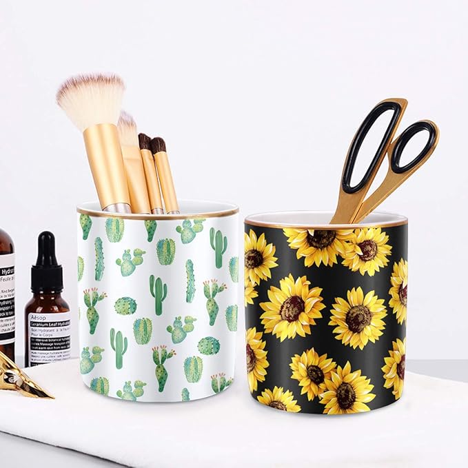 WAVEYU Pen Pencil Holder, Multi-Purpose Holder for Desk Pencil Cup for Girls Boys Kids Durable Ceramic Desk Organizer Makeup Brush Holder for Office, Classroom, Home, Cactus