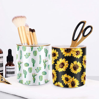 WAVEYU Pen Holder, Cute Pencil Holder for Desk, Makeup Brush Holder Floral Pattern, Pencil Cup for Girls Women, Durable Ceramic Desk Organizer Flower Decor for Office, Classroom, Sunflower