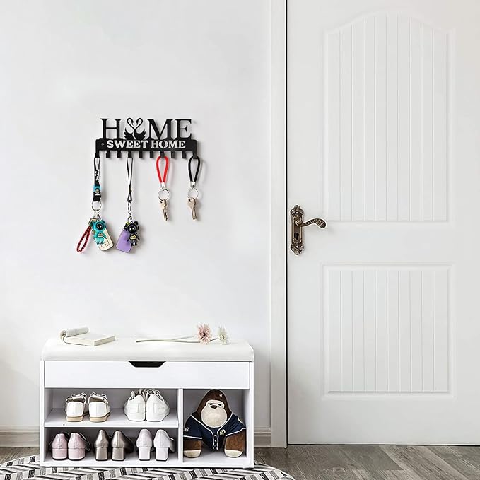 Key Holder Wall Mounted with Screws and Anchors, Black Multifunctional Key Hanger with 10 Hooks, Entryway Front Door Kitchen Hallway Garage Office