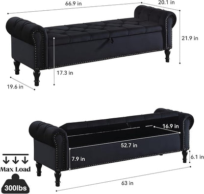 Storage Bed Bench for Bedroom, 67 Inches End of Bed Bench, Velvet King Size Bench with Arms, Tufted Button Storage Ottoman Benches, Upholstered Bench for Bedroom, Living Room, Entryway, Black