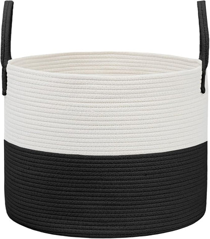 JMvicyroam 65L Extra Large Blanket Basket for Living Room - Woven Cotton Rope Laundry Hamper with Reinforced Handles - Storage Bin for Pillows, Comforters & Toys - Machine Washable,White&Black