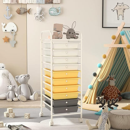 OFFICEJOY Storage Cart, Rolling Utility Cart with 10 Drawers, Portable Handles & Lockable Wheels, Mobile Paper Toys Storage Organizer Large Capacity for Home Office School Teacher (Yellow)