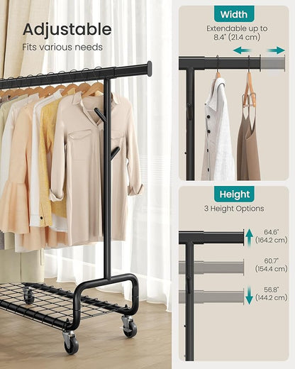 SONGMICS Clothes Rack, Heavy-Duty Rolling Clothing Garment Rack with Wheels, Extendable Hanging Rod and Adjustable Height, Portable, with Shelf and Hooks, Ink Black UHSR014B01