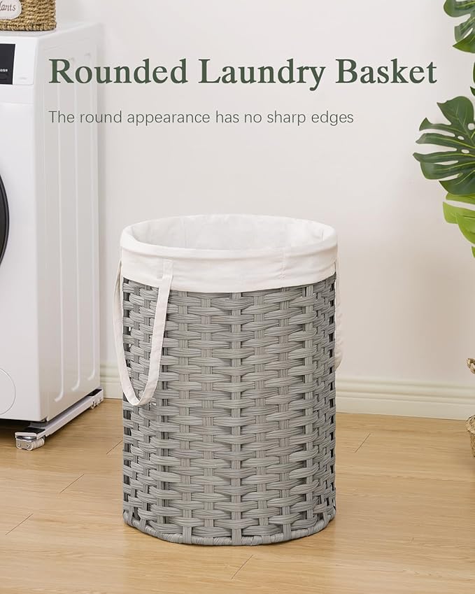 Laundry Hamper Laundry Basket Round 19.0 Gal (72 L) Handwoven Rattan Hamper, Large Wicker Laundry Hamper with Removable Laundry Bag Handles 2 Mesh Bags for Bathroom Living Room Gray (No Lid)