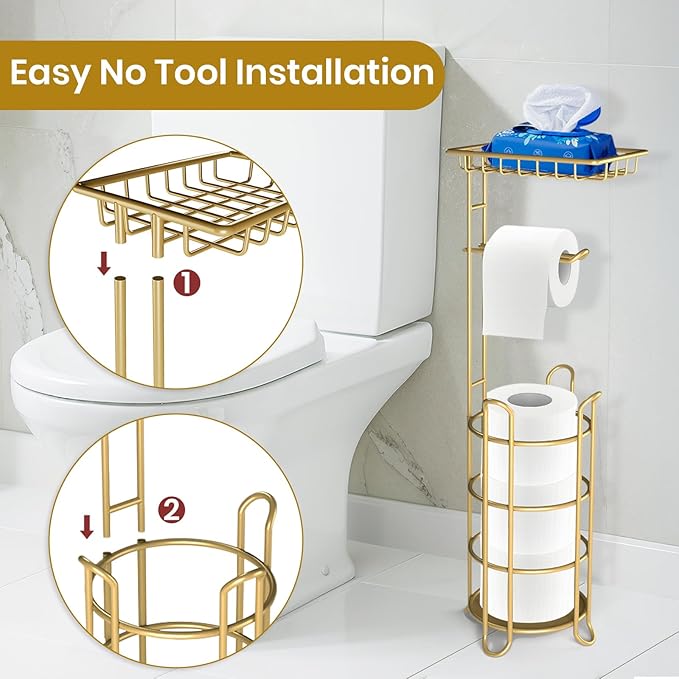 Gold Toilet Paper Holder Stand with Shelf, Freestanding Tissue Roll Holder, Holds 4 Mega Rolls and Extra Storage for Phone, Wipes