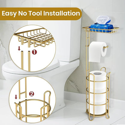 Gold Toilet Paper Holder Stand with Shelf, Freestanding Tissue Roll Holder, Holds 4 Mega Rolls and Extra Storage for Phone, Wipes