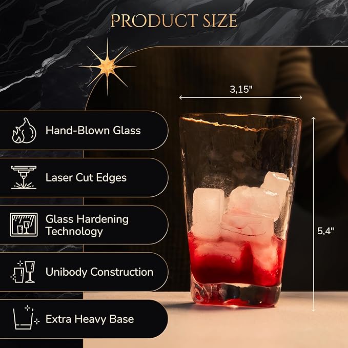 Bec's Designs Gold Rim Highball Glasses – Set of 4, 16oz Handblown Triangular Hammered Glass Tumblers – Elegant Drinkware for Cocktails, Water & Iced Tea