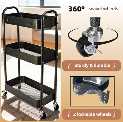 LIWNYRK 3 Tier Slim Metal Rolling Storage Cart for Laundry Room & Kitchen Organizer, 7.1'' Thin Standing Shelf for Narrow Spaces, Utility Cart with Wheels & Lockable Casters for Bathroom, Black