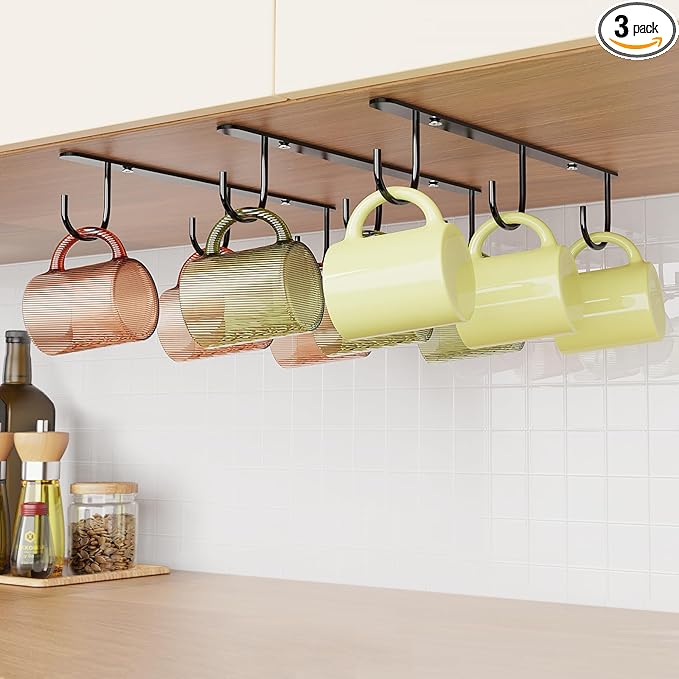 Luckinow 3 Pack Mug Hooks Under Cabinet, Coffee Mug Holder for Hanging Under Shelf, Cup Hanger with 9 Hooks for Displaying Mugs, Coffee Cups and Kitchen Utensils, Black