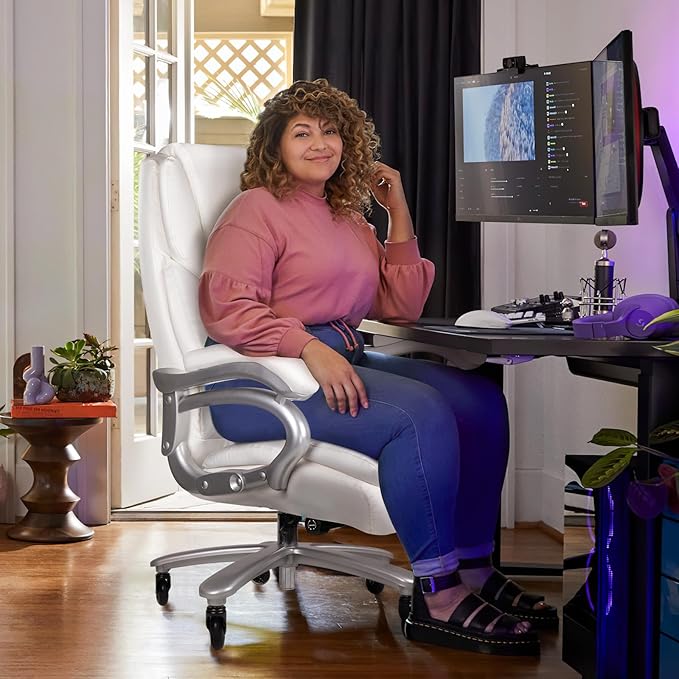 VITESSE 500lbs Heavy Duty Office Chair for Low Back Pain Relief, Big and Tall Office Chair with Ergonomic Lumbar Support, High Back Executive Chair with Quiet Rubber Wheel（White）