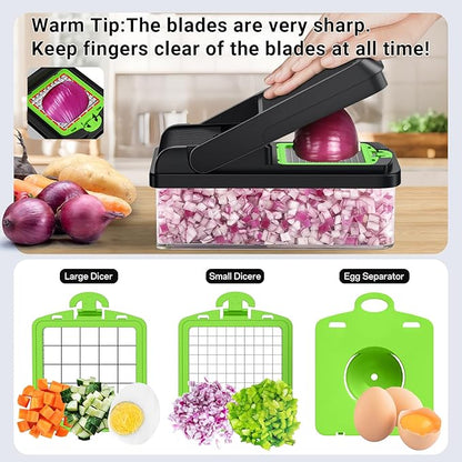 SpaceHacks 12-in-1 Vegetable Chopper, Kitchen Gadgets with 7 Blades, Veggie, Food, Onion Chopper, Cucumber Slicer, Versatile Mandoline, Includes Egg Separator & Finger Guard, Green