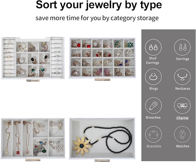BOOVO Jewelry Boxes for Women, White and Black 6 Layer Large Jewelry Box for Necklace, Bracelet, Earrings, Rings Storage, Jewelry holder Organizer for Girls Gift (Clear White, 4 layer)