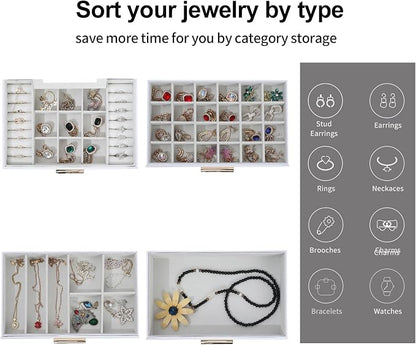 BOOVO Jewelry Boxes for Women, White and Black 6 Layer Large Jewelry Box for Necklace, Bracelet, Earrings, Rings Storage, Jewelry holder Organizer for Girls Gift (Clear White, 4 layer)