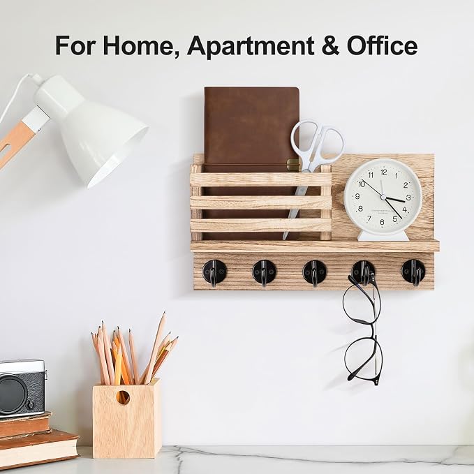 Lwenki Key Holder for Wall – Decorative Wooden Mail Holder and Key Shelf with Mounting Hardware, Installation Guide – Paulownia Wood with Metal Key Hooks (Wood, Large - 11.8inch)