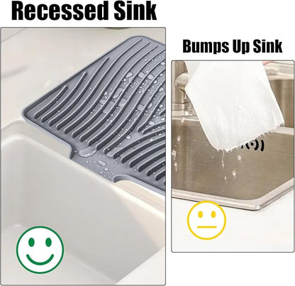 TIKNIK Silicone Dish Drying Mat for Kitchen Counter - Heat Resistant & Non-Slip Dish Drain Pad with Built-In Drain, Dishwasher Safe, Quick-Dry, Hangable & Roll-Up for Storage, Grey-1pcs, 16" x 12"