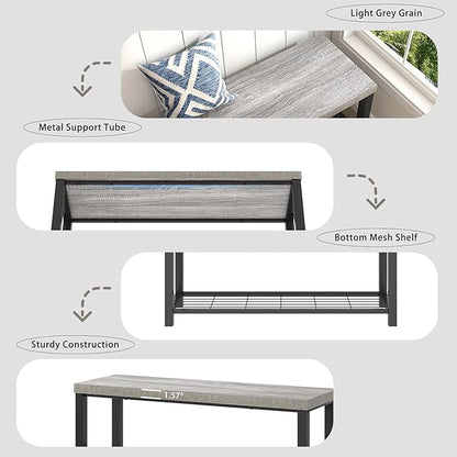 FOLUBAN Entryway Bench, Rustic Wood and Metal Shoe Storage Bench for Hallway Front Door Entrance, Industrial Indoor Bench for Bedroom Living Room, 43.3 Inch Light Grey