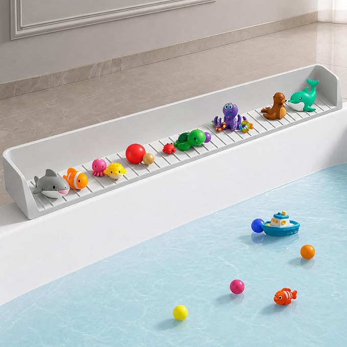 Bathtub splash guard for tub kids& Bath Shelf for Kids – Toddler Bath Tray, Bath Toys Storage & Ledge Organizer – Splash Guard for Bathtub with Suction Cups – Kids Bathroom Accessories(2.6FT, Grey)