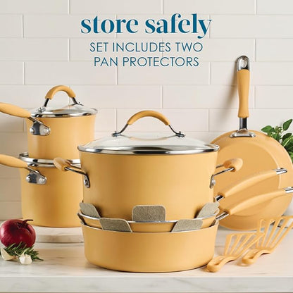 Rachael Ray Cucina Ceramic Cookware Set - 13 Pieces - Ceramic Pots and Pans Set w/Nonstick Frying Pans, Saute Pan, Saucepans, Stockpot, Lids, Pan Protectors - Turmeric