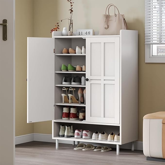 ONBRILL Shoe Storage Cabinet with Cross Molding Doors, 6-Tier Farmhouse Shoe Cabinet with 3 Adjustable Shelves and Metal Legs, 45'' Tall Shoes Rack Organizer Cabinet for Entryway, Front Door, White