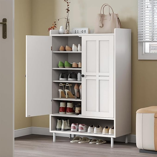 ONBRILL Shoe Storage Cabinet with Cross Molding Doors, 6-Tier Farmhouse Shoe Cabinet with 3 Adjustable Shelves and Metal Legs, 45'' Tall Shoes Rack Organizer Cabinet for Entryway, Front Door, White