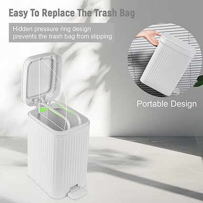 rejomiik Small Bathroom Trash Can with Lid Slim Soft Close Garbage Can Step Wastebasket Container Trash Bin for Office Bedroom Kitchen Living Room (1.9 Gallon White)